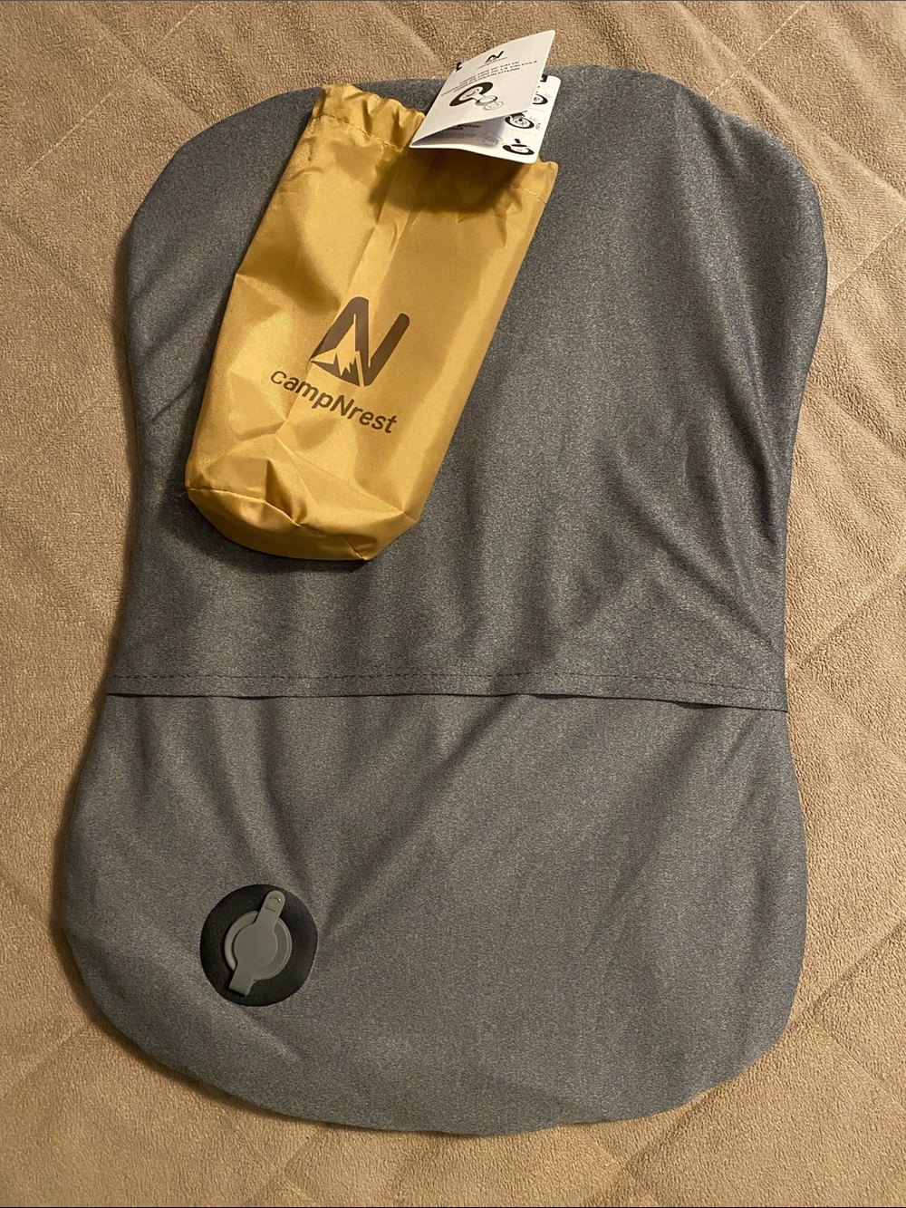 campNrest Gray Inflatable Pillow with Yellow Carry Pouch